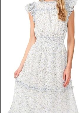 CeCe Light Blue Floral Ruffle Maxi Dress